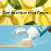 Toothpaste tube with toothbrush and lemon slices on a blue background